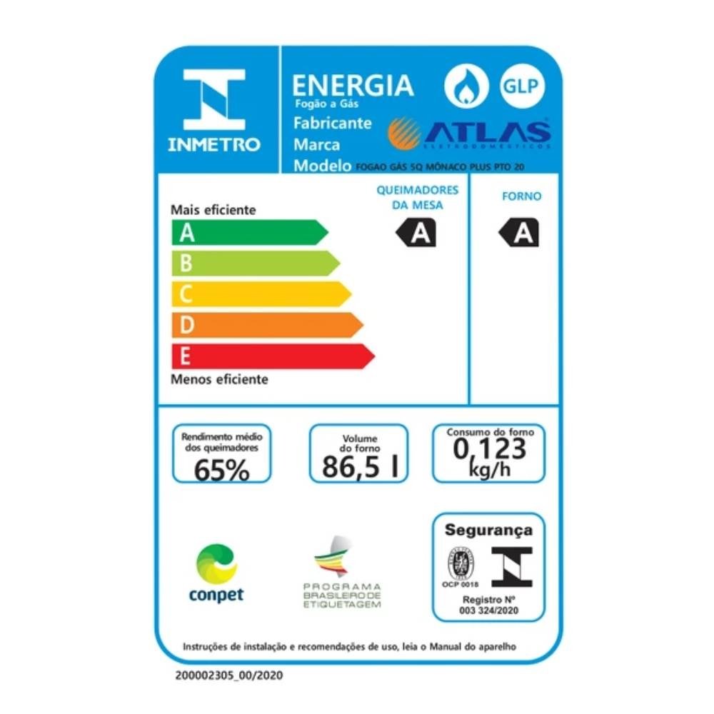 Fogão de Piso Atlas 5 Bocas Mônaco Plus - Mesa de Inox, Acendimento Automático, Preto, Bivolt