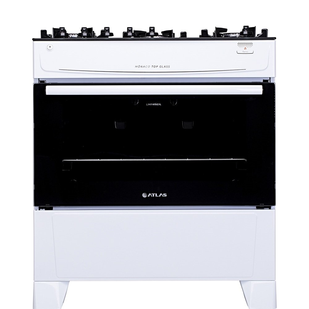 Fogão de Piso Atlas 5 Bocas Mônaco Top Glass - Mesa de Vidro, Acendimento Automático, Branco, Bivolt