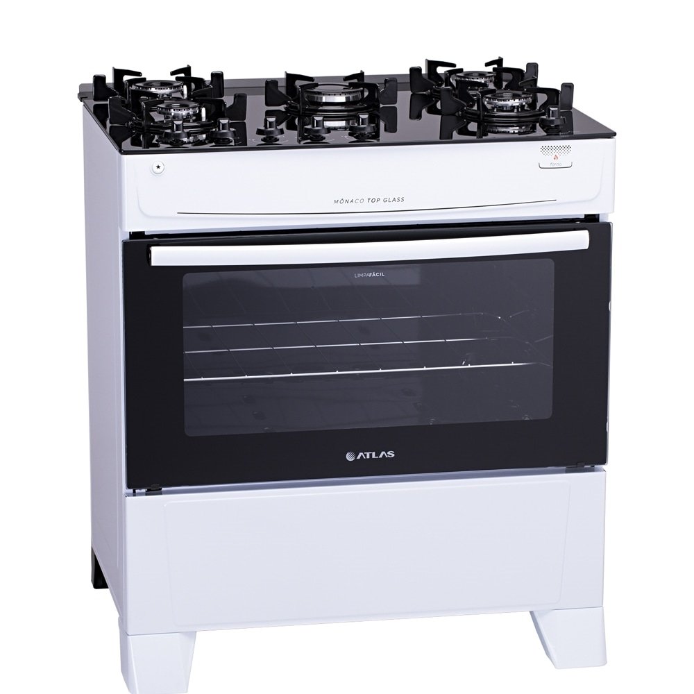 Fogão de Piso Atlas 5 Bocas Mônaco Top Glass - Mesa de Vidro, Acendimento Automático, Branco, Bivolt