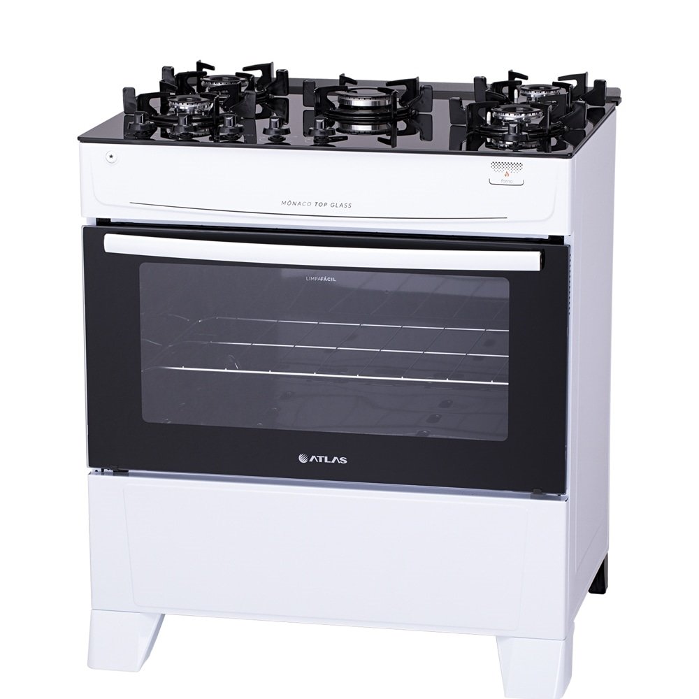 Fogão de Piso Atlas 5 Bocas Mônaco Top Glass - Mesa de Vidro, Acendimento Automático, Branco, Bivolt