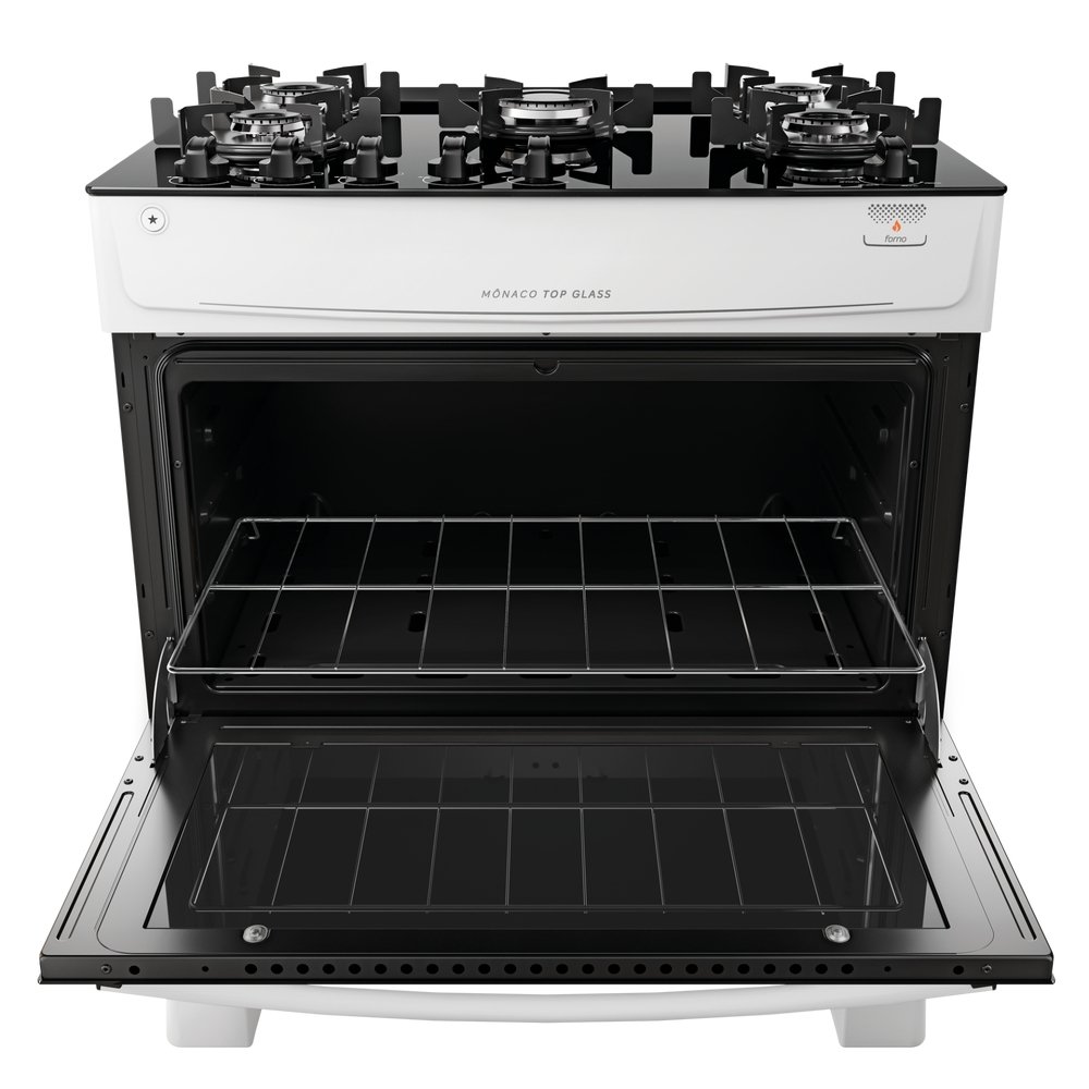 Fogão de Piso Atlas 5 Bocas Mônaco Top Glass - Mesa de Vidro, Acendimento Automático, Branco, Bivolt