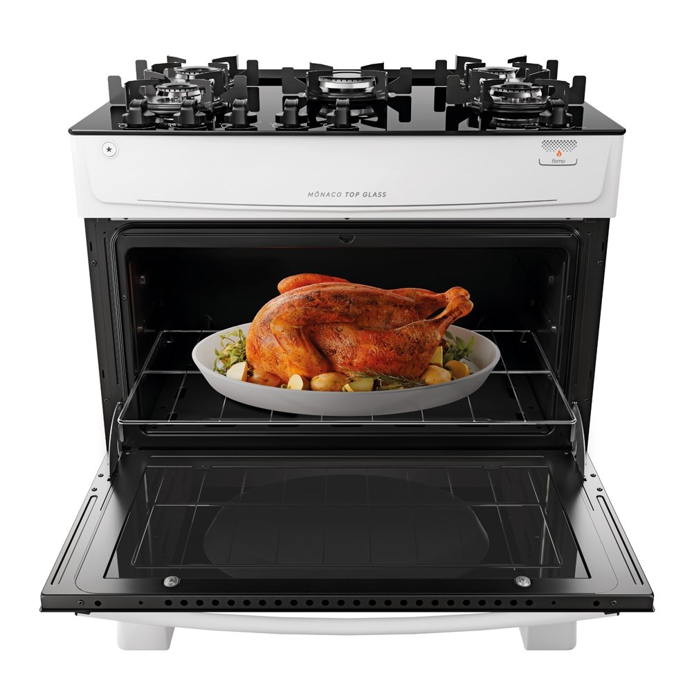 Fogão de Piso Atlas 5 Bocas Mônaco Top Glass - Mesa de Vidro, Acendimento Automático, Branco, Bivolt