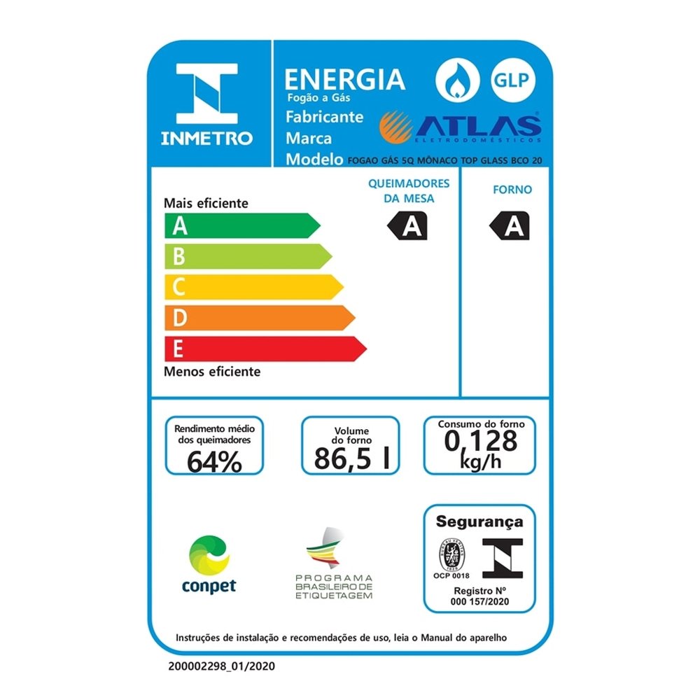 Fogão de Piso Atlas 5 Bocas Mônaco Top Glass - Mesa de Vidro, Acendimento Automático, Branco, Bivolt