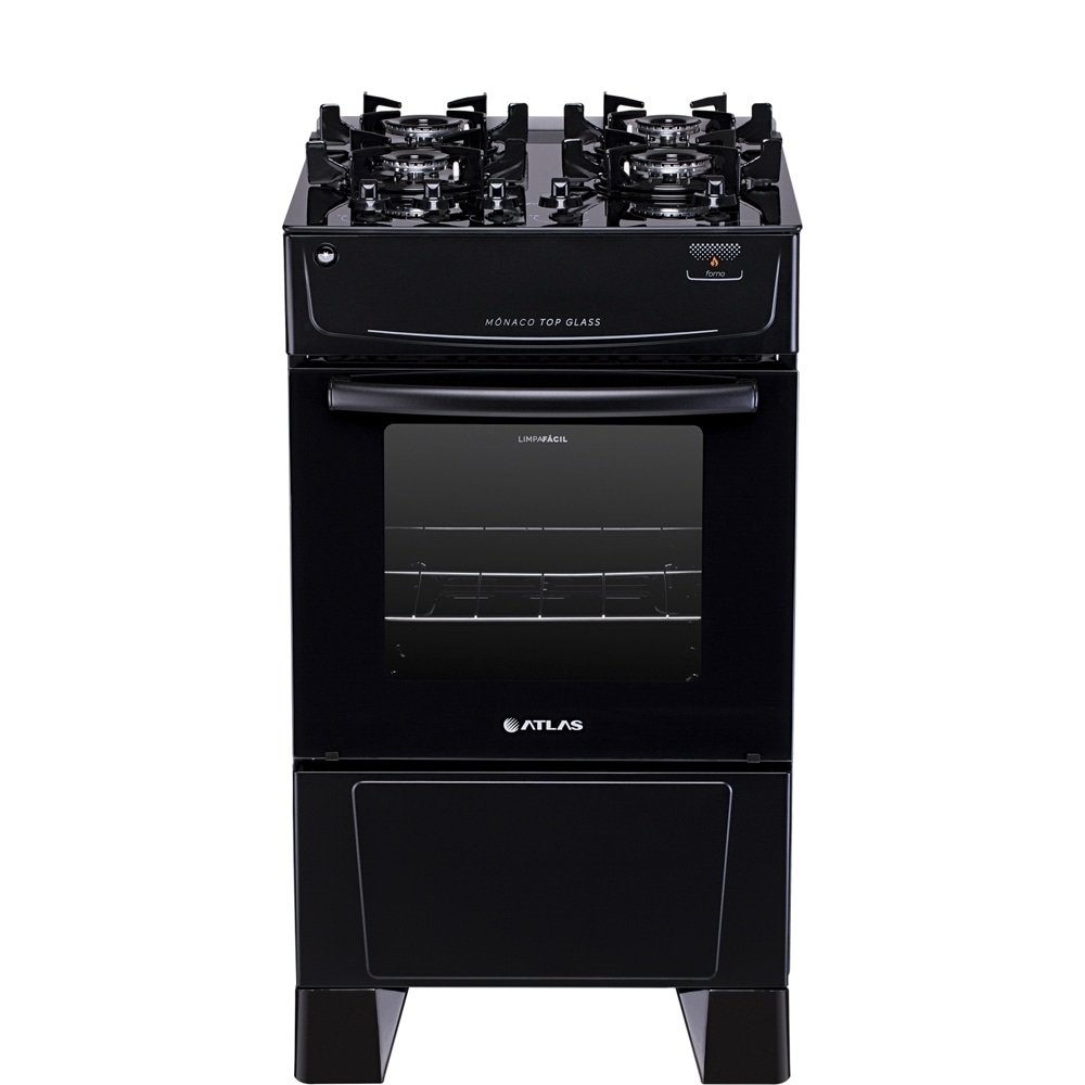 Fogão de Piso Atlas 4 Bocas Mônaco Top Glass - Mesa de Vidro, Acendimento Automático, Preto, Bivolt
