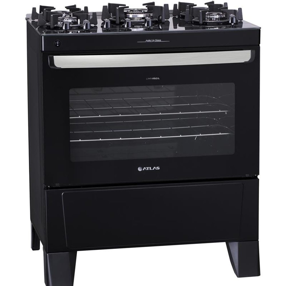 Fogão de Piso Atlas 5 Bocas Agile UP Glass, Mesa de Vidro, Acendimento Automático, Preto, Bivolt