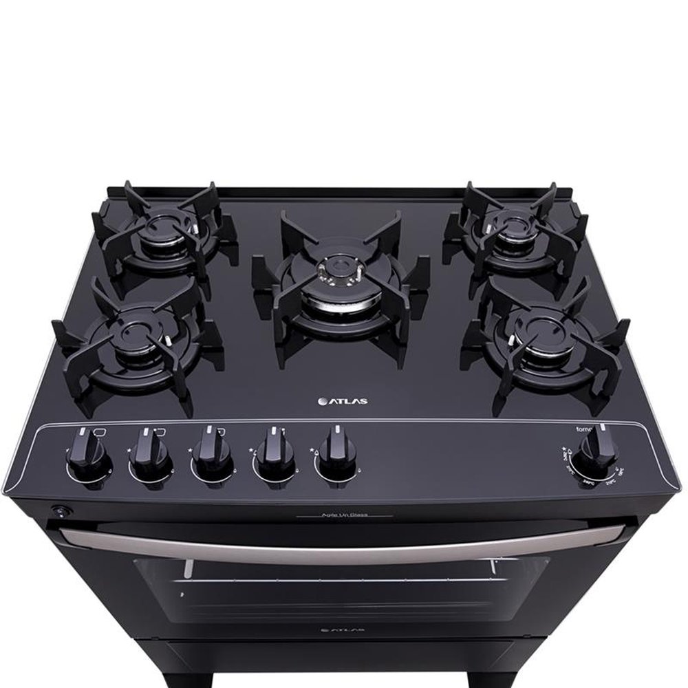 Fogão de Piso Atlas 5 Bocas Agile UP Glass, Mesa de Vidro, Acendimento Automático, Preto, Bivolt