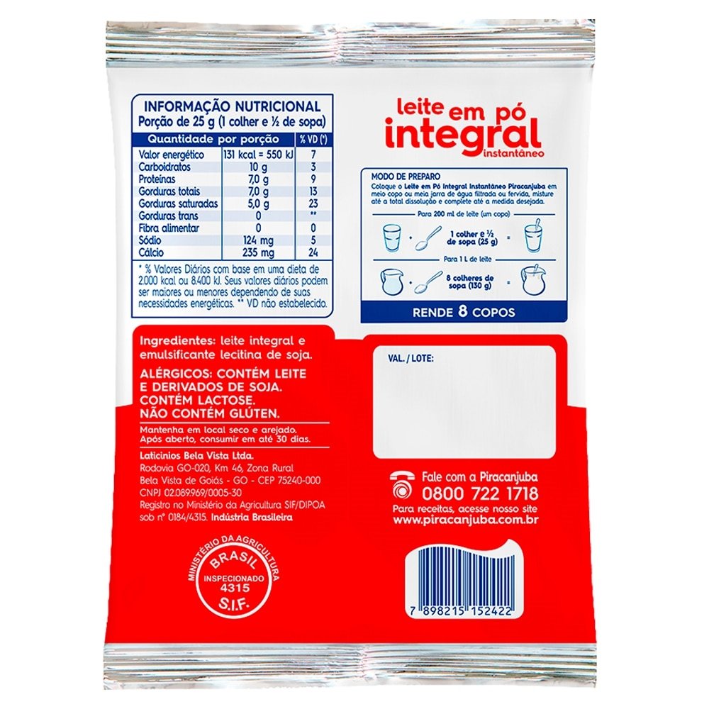 Leite em Pó Piracanjuba Instantâneo Sachê 200g - Embalagem com 50 Unidades