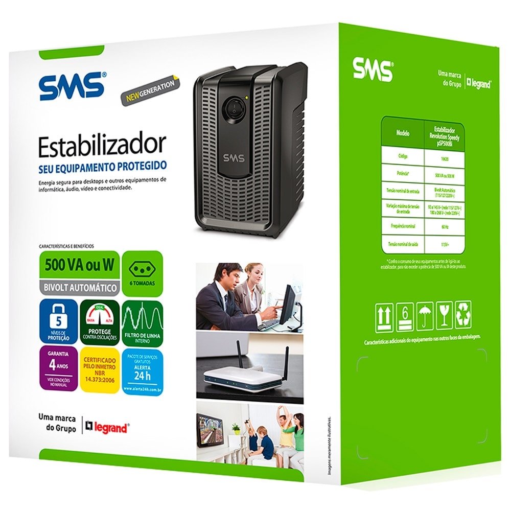 Estabilizador SMS Revolution Speedy, 500VA, 6 Tomadas, Entrada Bivolt e Saída 115V