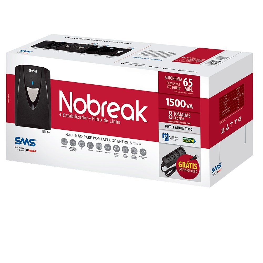Nobreak SMS NET 4+, 1500VA, Entrada Bivolt, Saída 115V com Conexão para Bateria Externa