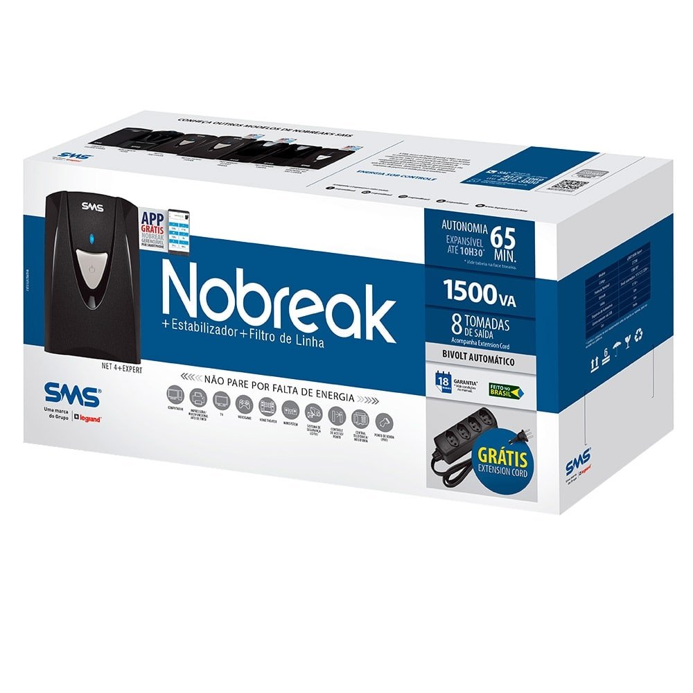 Nobreak SMS NET4+ Expert, 1500VA, Entrada Bivolt, Saída 115V com Conexão para Bateria Externa e Sofware de Gerenciamento