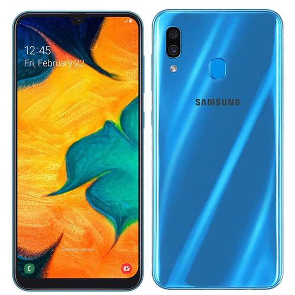 Smartphone Samsung Galaxy A30, Dual Chip, Azul, Tela 6.4", 4G+Wi-Fi, Android, Câm dupla 16MP+5MP e frontal 16MP, 64GB