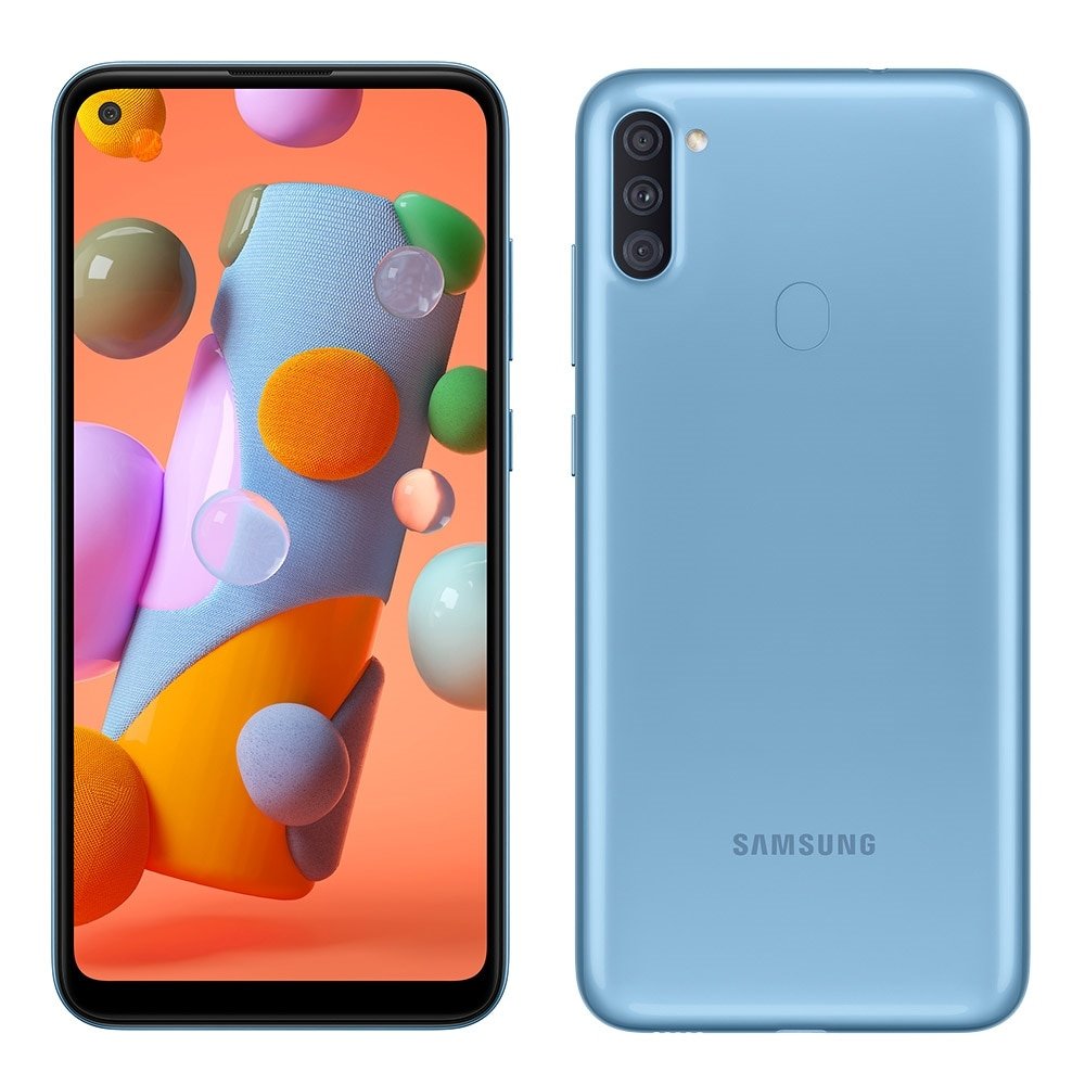 Smartphone Samsung Galaxy A11, Azul, Tela 6.4", 4G+WI-Fi, Android 10, Câm Traseira 13+5+2MP e Frontal 8MP, 64GB