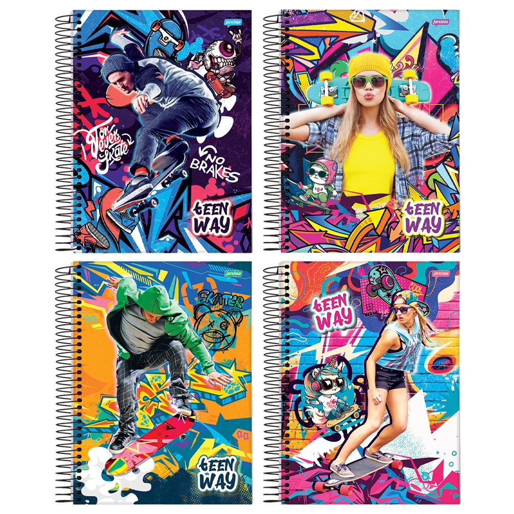 Caderno Espiral Universitário Jandaia Capa Dura Teen Way 1 Matéria 96 Folhas - Embalagem com 4 Unidades (Sortidos)