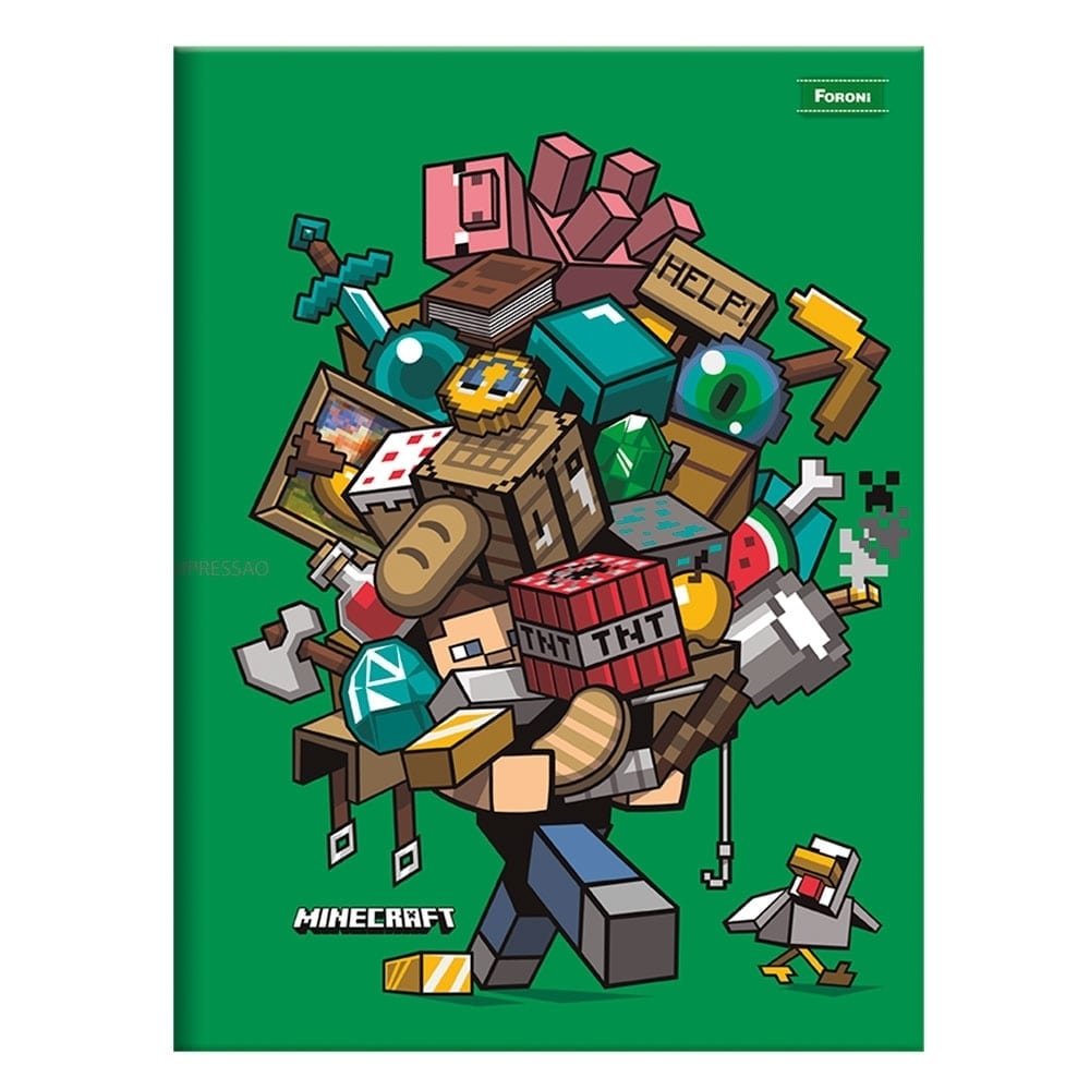 Caderno Costurado Foroni Universitário Capa Dura Jogo Minecraft 96 Folhas - Embalagem com 5 Unidades