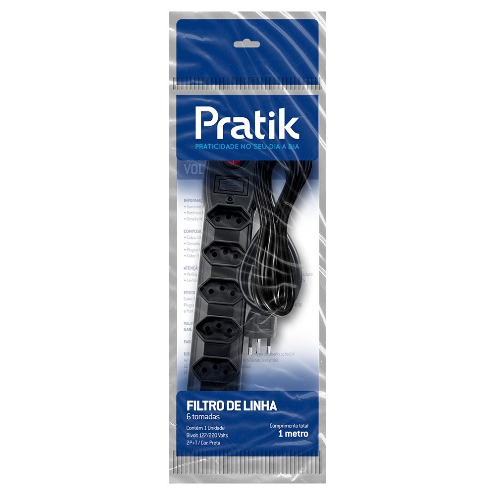 Filtro de Linha Pratik 6 Tomadas 3x0,75mm 10A Cabo 1m Preto