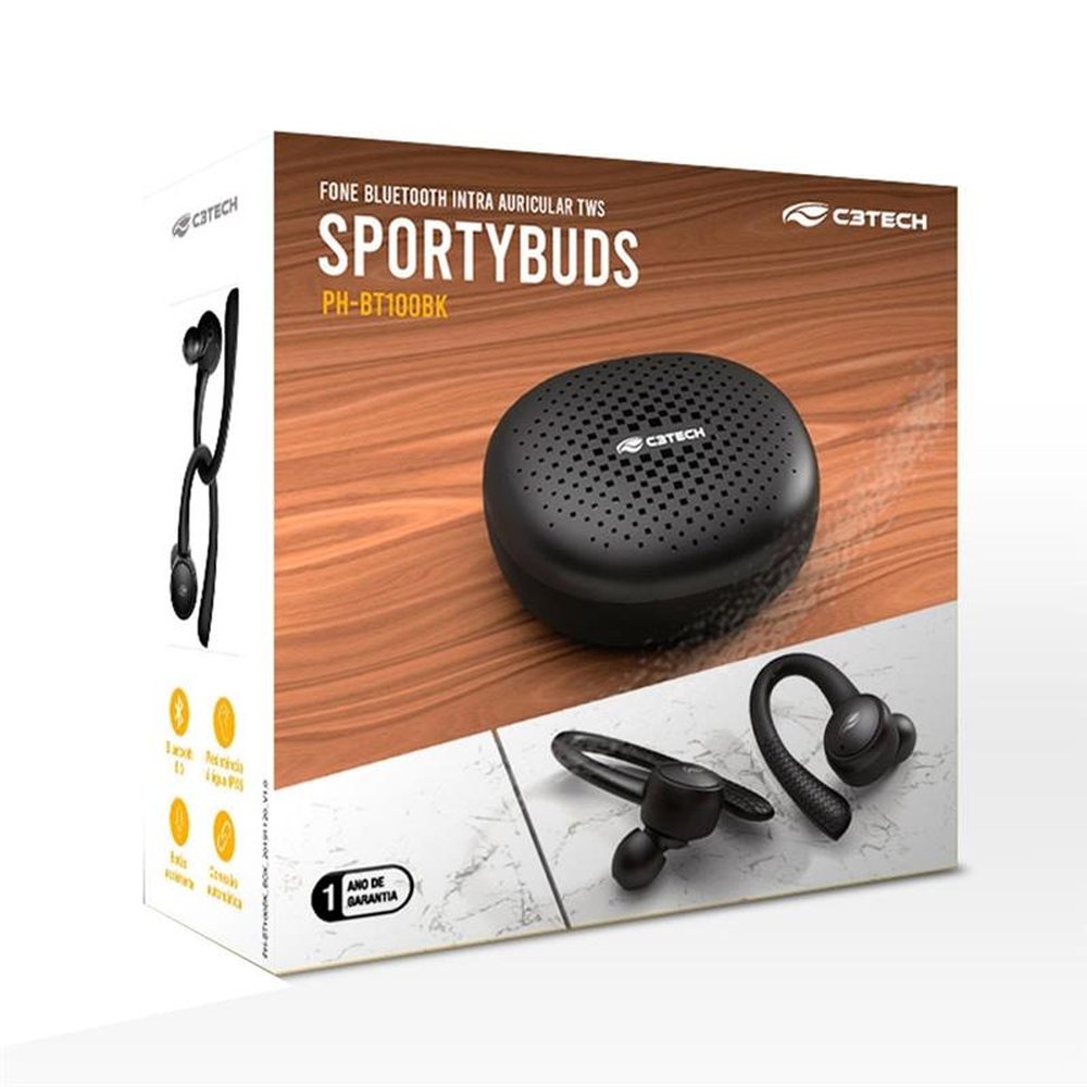 Fone de Ouvido C3Tech EP-TWS-100BK Sportybuds Intra, Bluetooth 5.0, Sem fio, Preto
