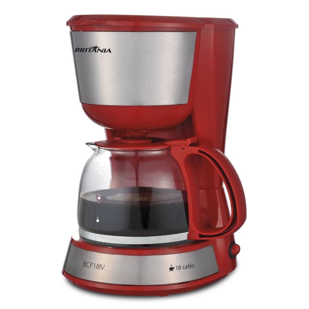 Cafeteira Elétrica Britânia BCF18IV Plus - 18 Cafés, Jarra de Vidro, Vermelho/Inox, 110V