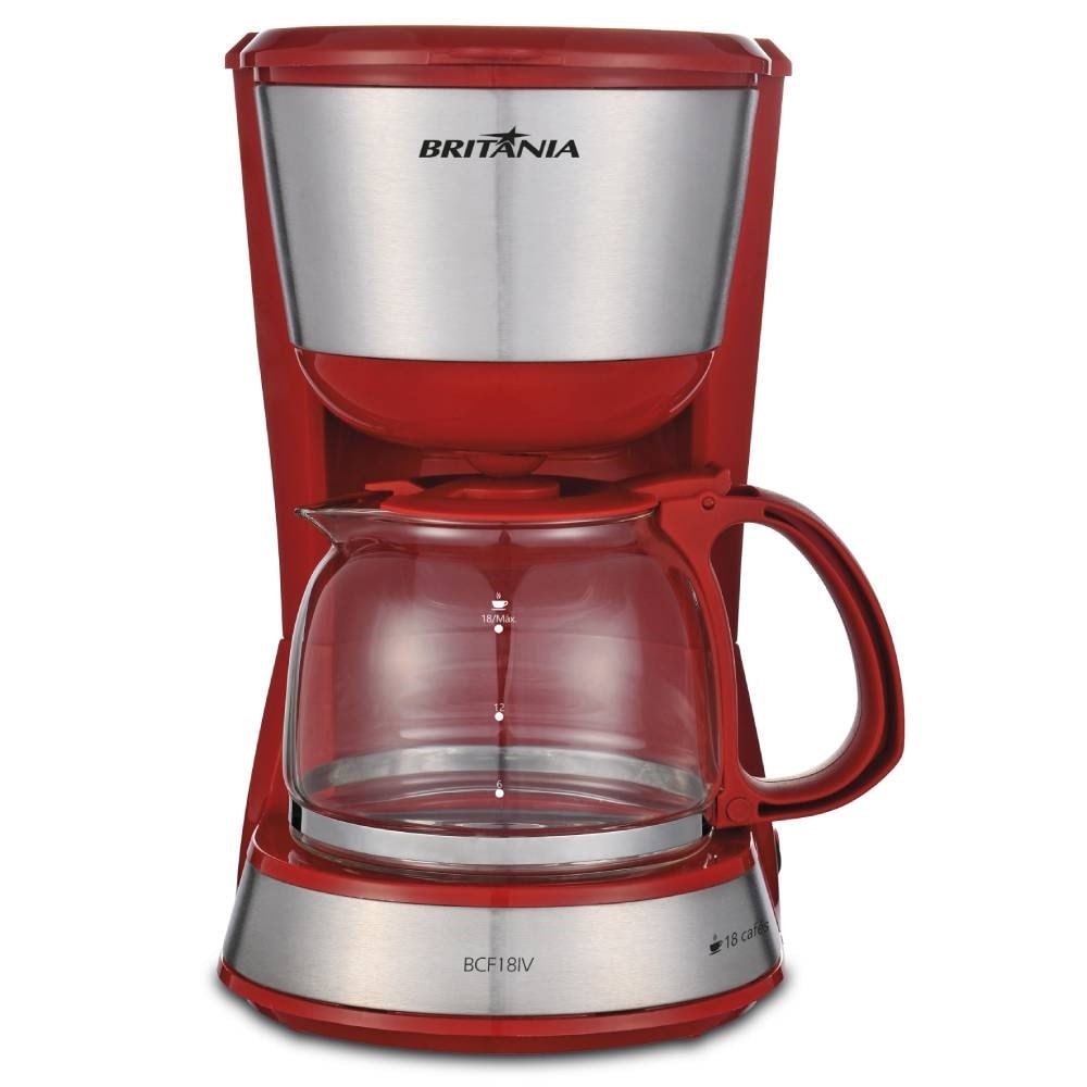 Cafeteira Elétrica Britânia BCF18IV Plus - 18 Cafés, Jarra de Vidro, Vermelho/Inox, 110V