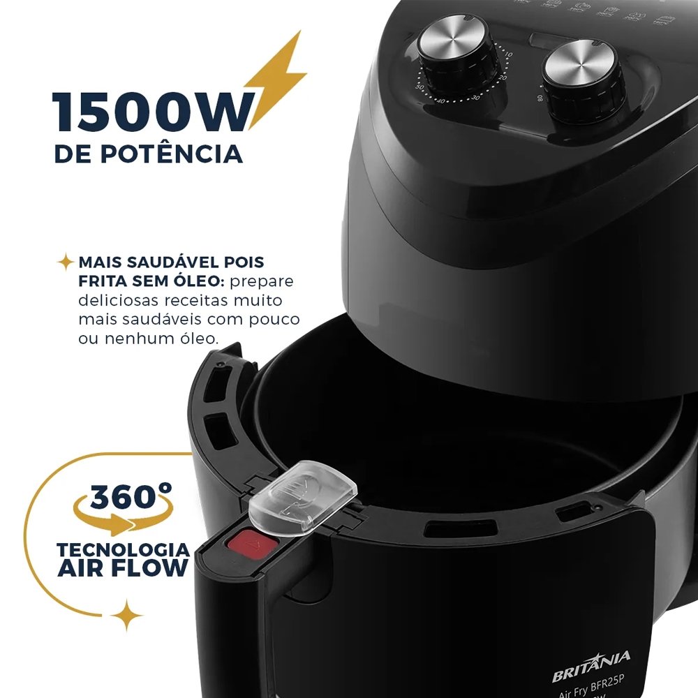 Fritadeira sem Óleo Air Fryer Britânia BFR25P - 4 Litros, 1500W, Preto, 110V