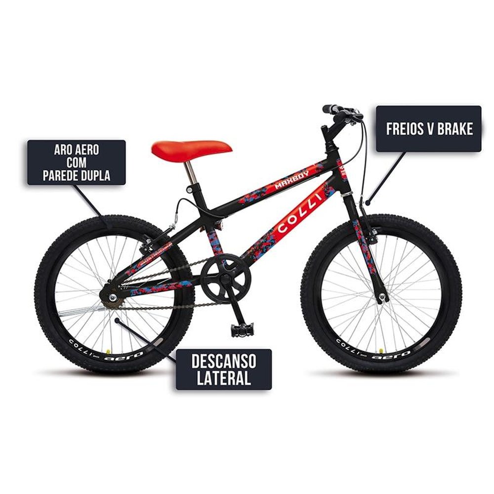 Bicicleta Infantil Colli Maxboy Aro 20, Tamanho Quadro 12,Freios V-Brake, Preto Fosco