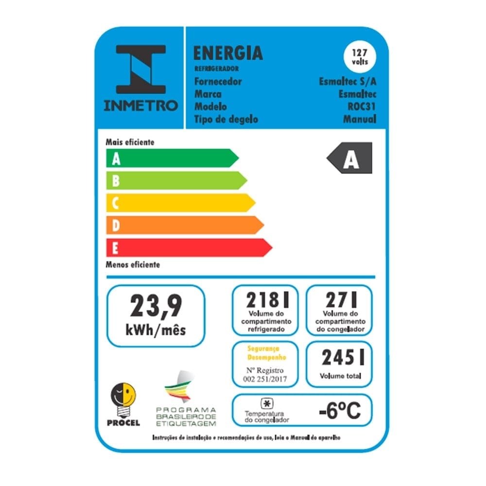 Geladeira/Refrigerador Esmaltec 245 Litros, ROC31 - Cycle Defrost, 1 Porta, Branco, 110V