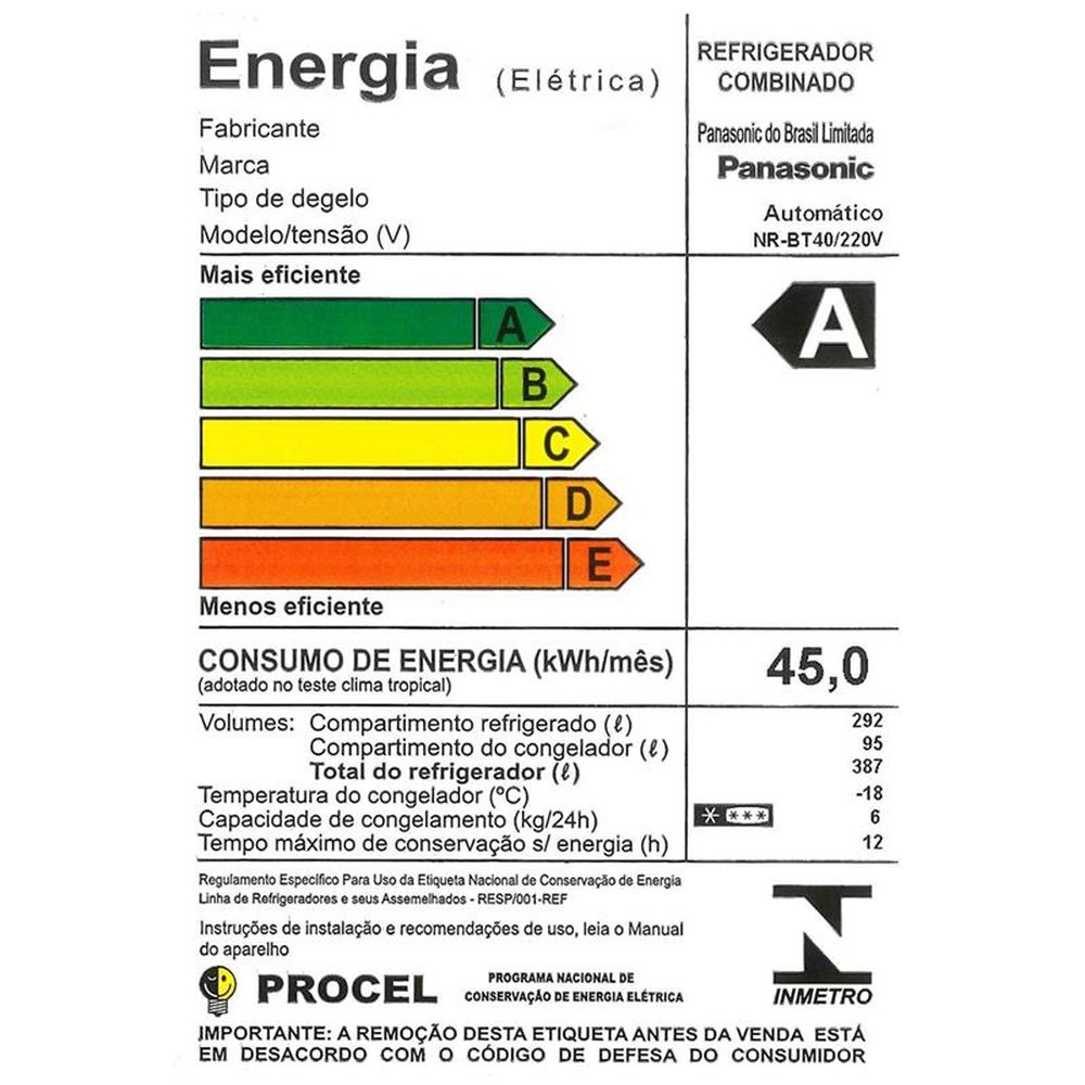 Geladeira/Refrigerador Panasonic 387 Litros NR-BT40BD1W, Frost Free, 2 Portas NR, Branco, 220V