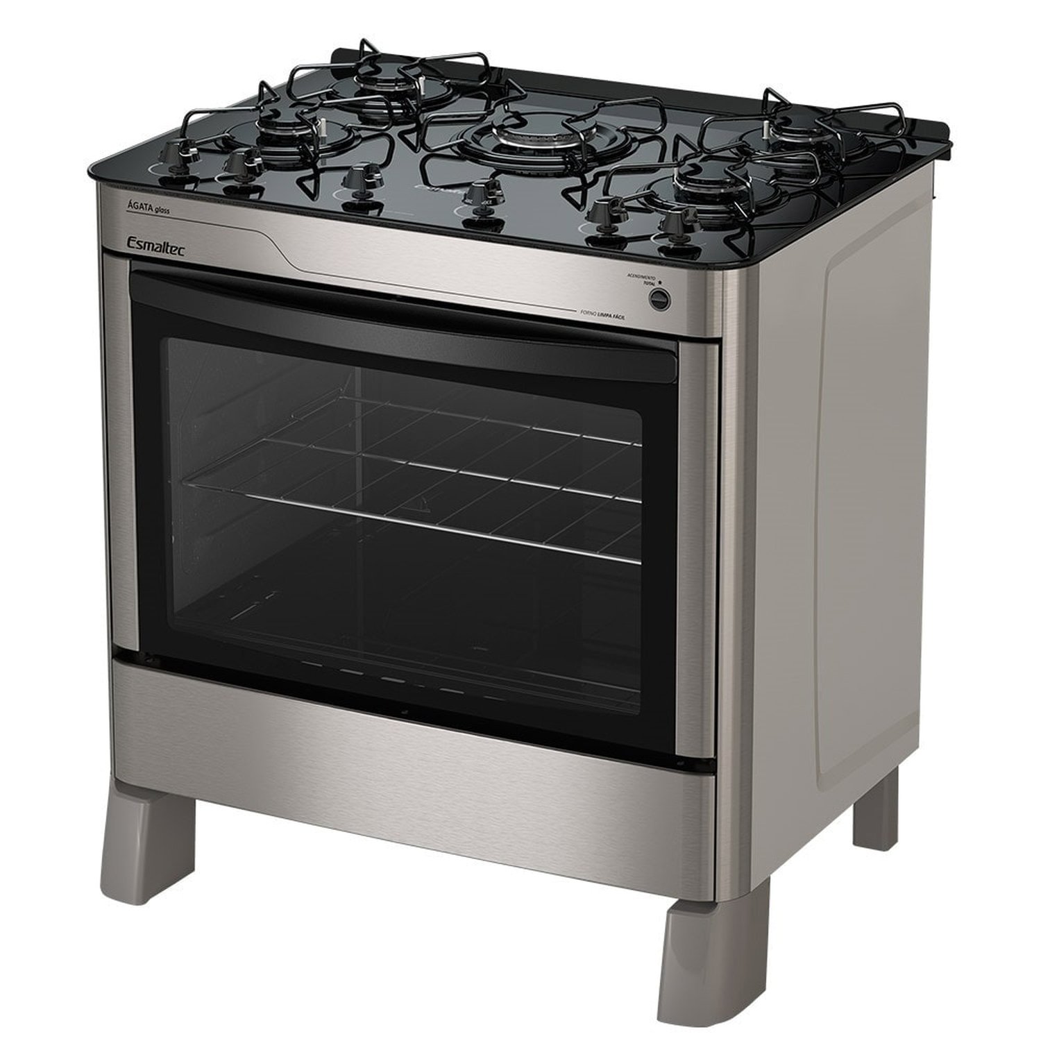Fogão de Piso Esmaltec 5 Bocas Ágata Glass | Mesa de Vidro, Acendimento Automático, Inox, Bivolt