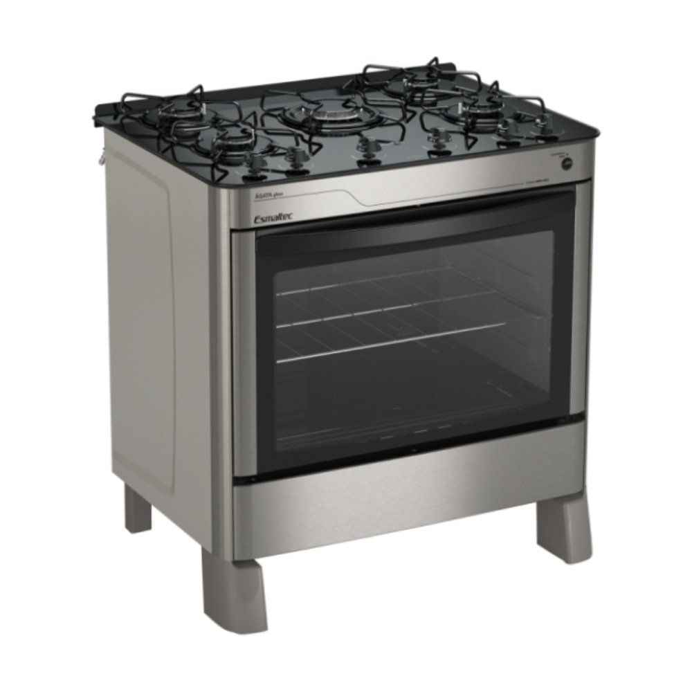 Fogão de Piso Esmaltec 5 Bocas Ágata Glass | Mesa de Vidro, Acendimento Automático, Inox, Bivolt