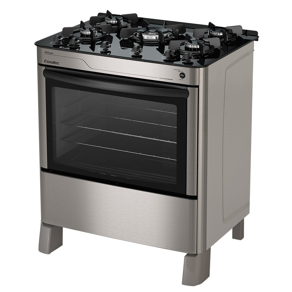 Fogão de Piso Esmaltec 5 Bocas Jade Glass, Mesa de Vidro, Acendimento Automático, Inox, Bivolt