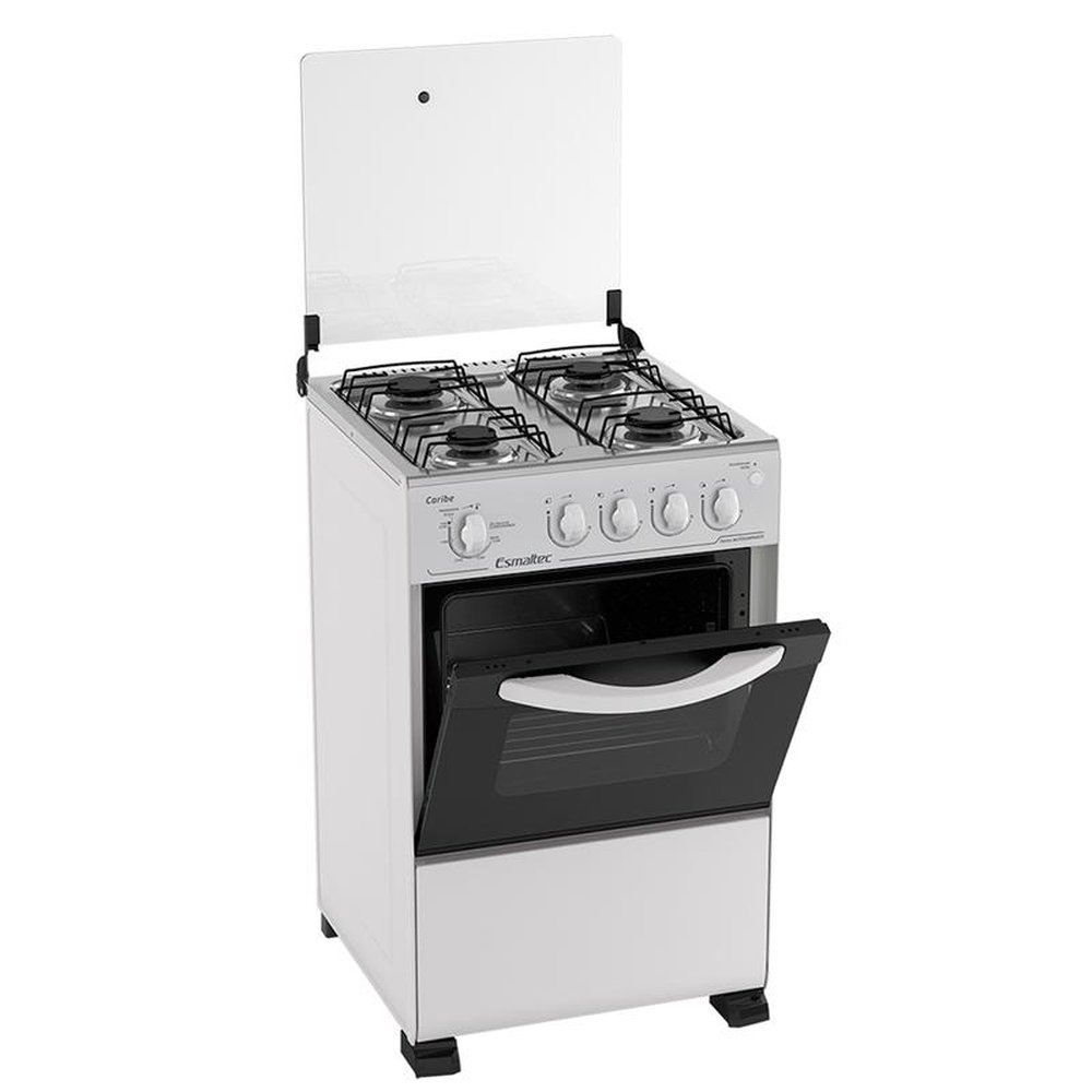 Fogão de Piso Esmaltec 4 Bocas Caribe, Mesa de Inox, Acendimento Automático, Branco, Bivolt