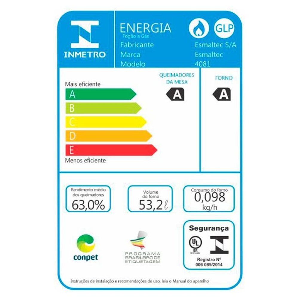 Fogão de Piso Esmaltec 4 Bocas Caribe, Mesa de Inox, Acendimento Automático, Branco, Bivolt
