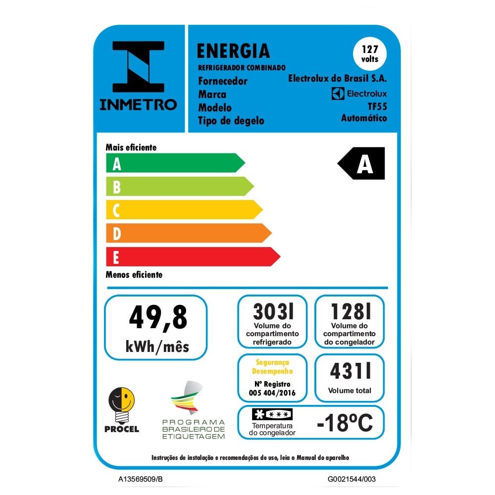 Geladeira/Refrigerador Electrolux 431 Litros TF55, Frost Free, 2 Portas, Branco, 110V