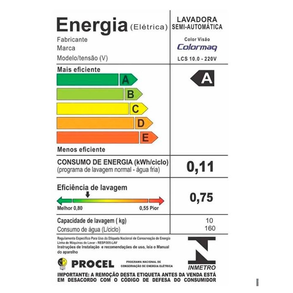 Tanquinho Colormaq 10Kg LCS Branco 220V