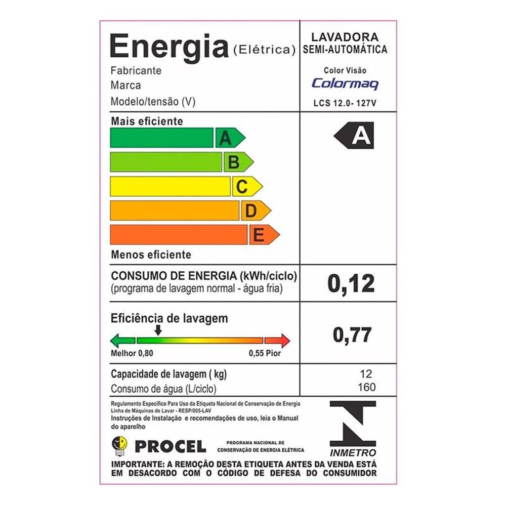 Tanquinho/Máquina de Lavar Roupas Semi-automática 12Kg Colormaq, LCS, Branca, 110V