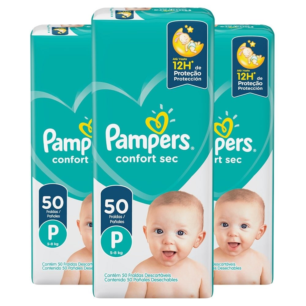 Fralda Descartável Pampers Confort Sec Tamanho P - 3 Pacotes com 50 Fraldas - Total 150 Tiras