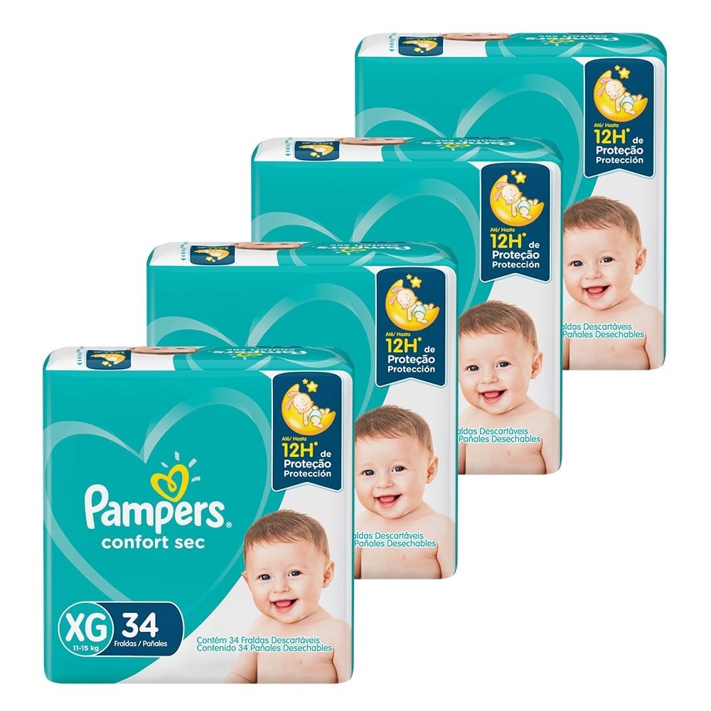 Fralda Descartável Pampers Confort Sec Tamanho XG - 4 Pacotes com 34 Fraldas - Total 136 Tiras
