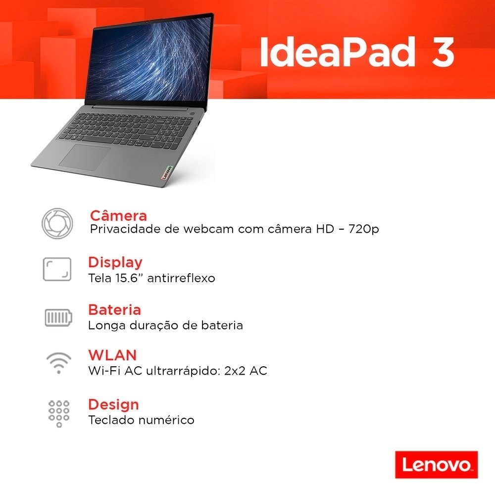 Notebook Lenovo IdeaPad 3i, Tela FHD de 15.6", AMD Ryzen 5, SSD 256GB, 8GB RAM, Linux, Cinza