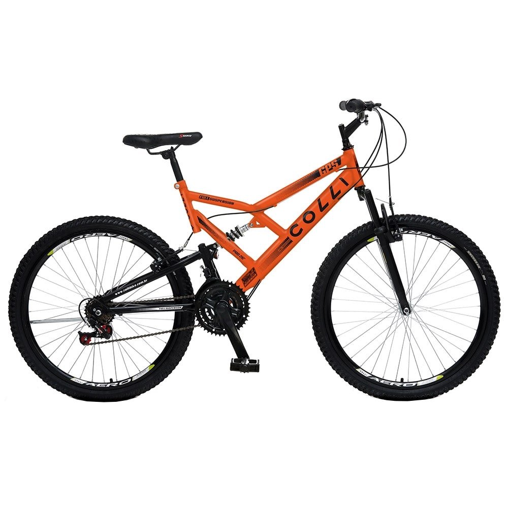 Bicicleta Juvenil Colli GPS26, Aro 26, 21 Marchas - Quadro de Aço Carbono, Freios V-Brake, Dupla Suspensão Laranja