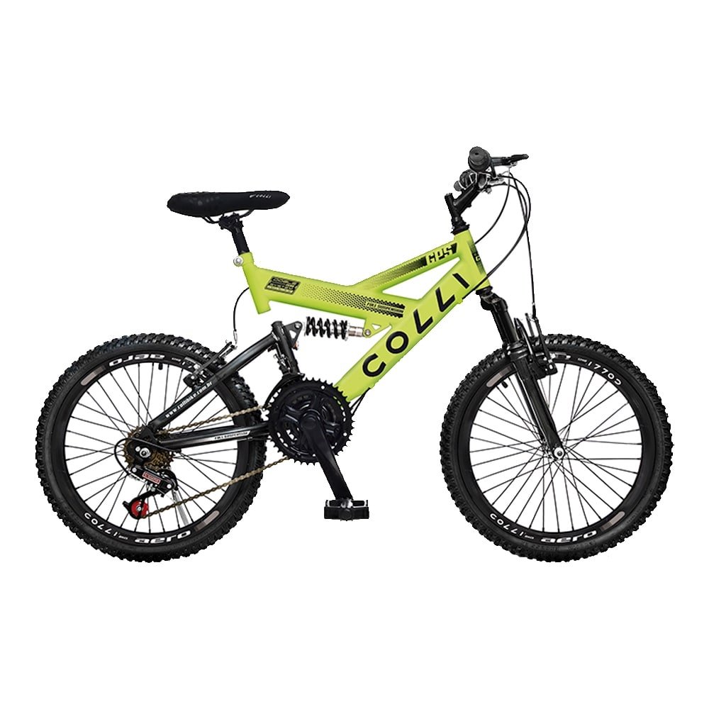Bicicleta Infantil Colli GPS20 - Aro 20, 21 Marchas, Tamanho Quadro 14, Aço Carbono, Dupla Suspensão, Amarelo