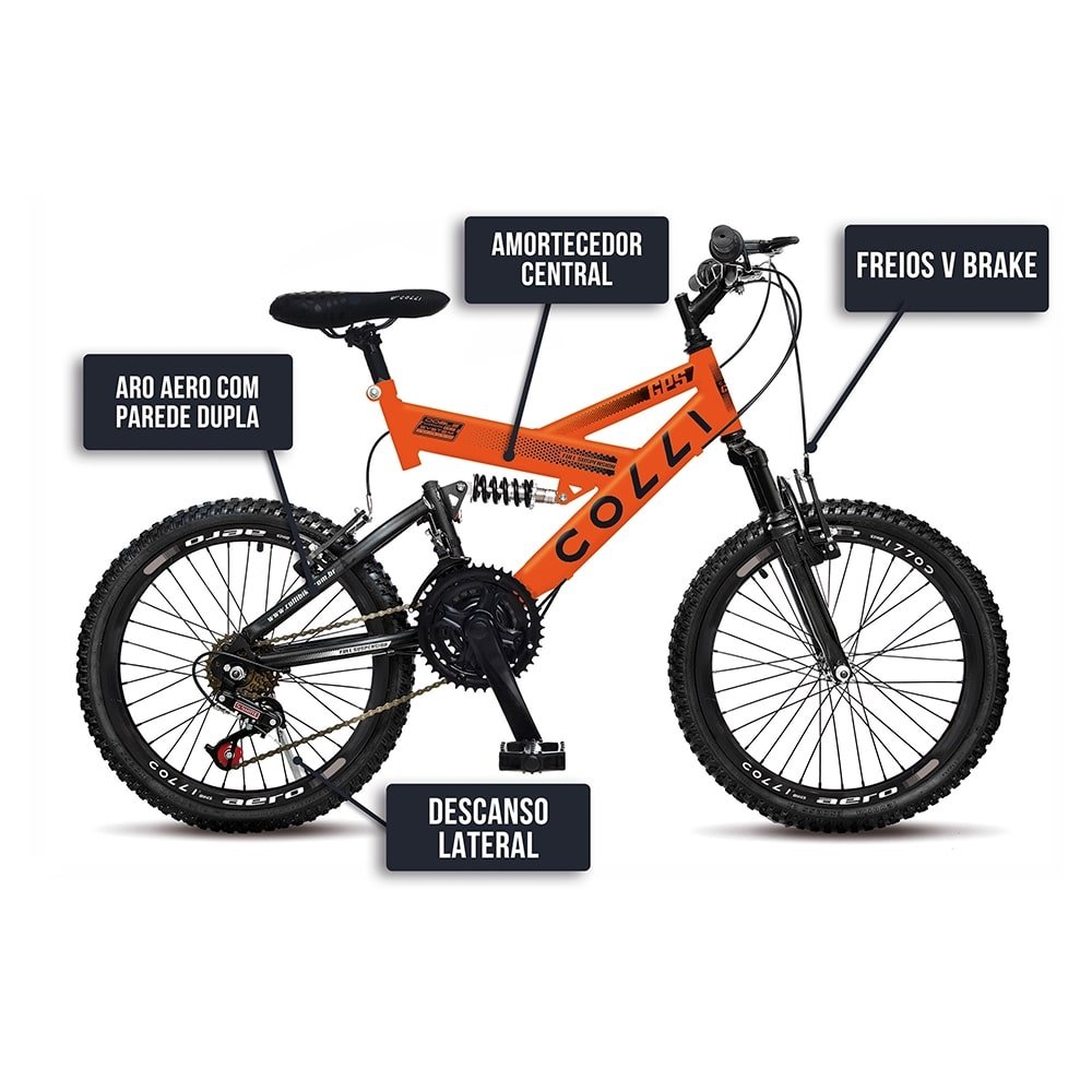 Bicicleta Infantil Colli GPS20 - Aro 20, 21 Marchas, Tamanho Quadro 14, Aço Carbono, Dupla  Suspensão, Laranja