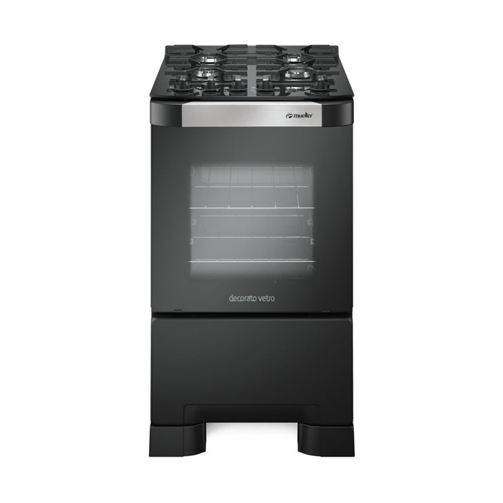 Fogão de Piso Mueller 4 Bocas Decorato Vetro - Mesa de Vidro, Acendimento Automático, Preto Fosco, Bivolt
