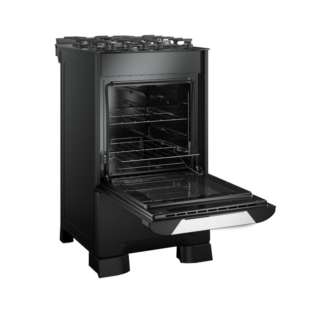 Fogão de Piso Mueller 4 Bocas Decorato Vetro - Mesa de Vidro, Acendimento Automático, Preto Fosco, Bivolt