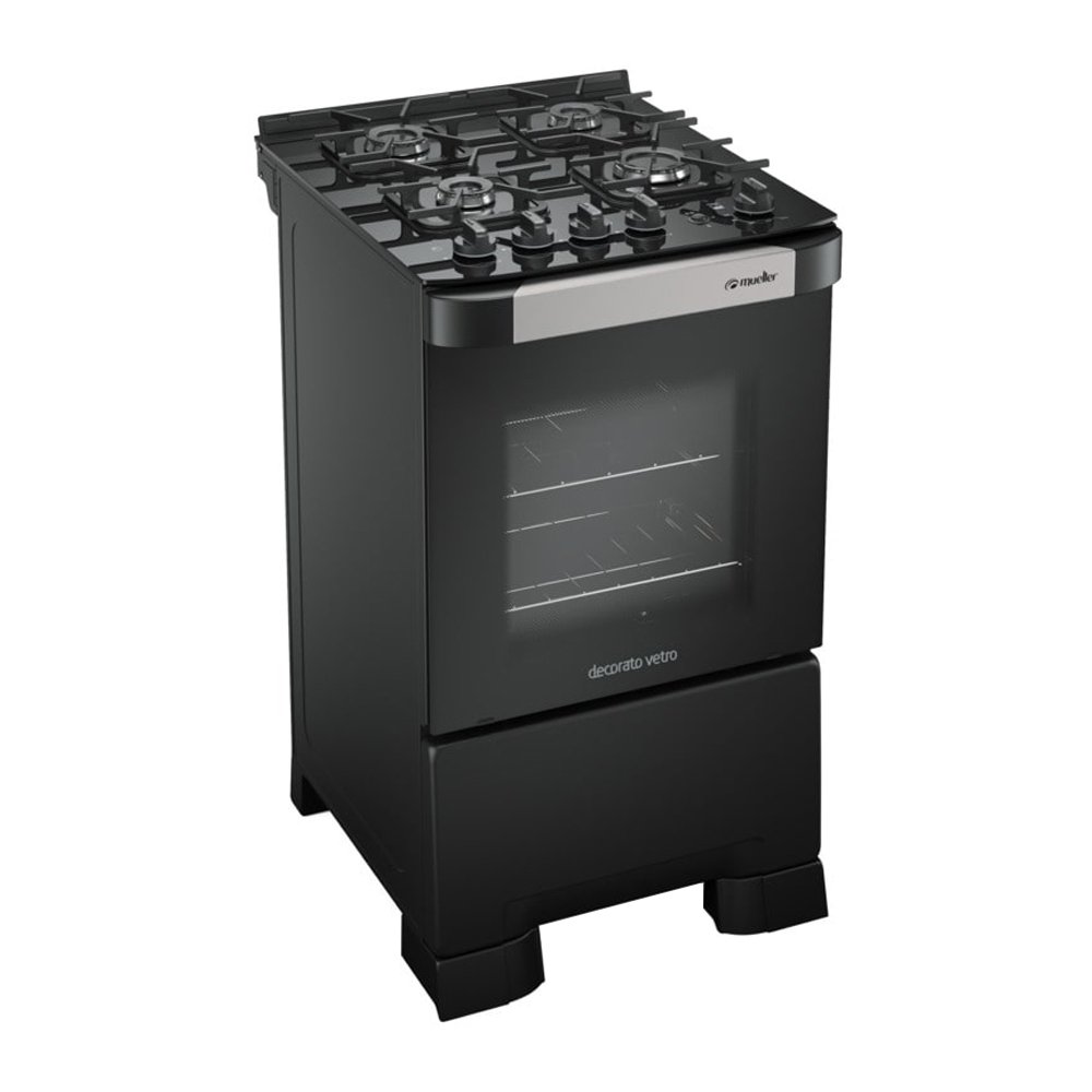 Fogão de Piso Mueller 4 Bocas Decorato Vetro - Mesa de Vidro, Acendimento Automático, Preto Fosco, Bivolt