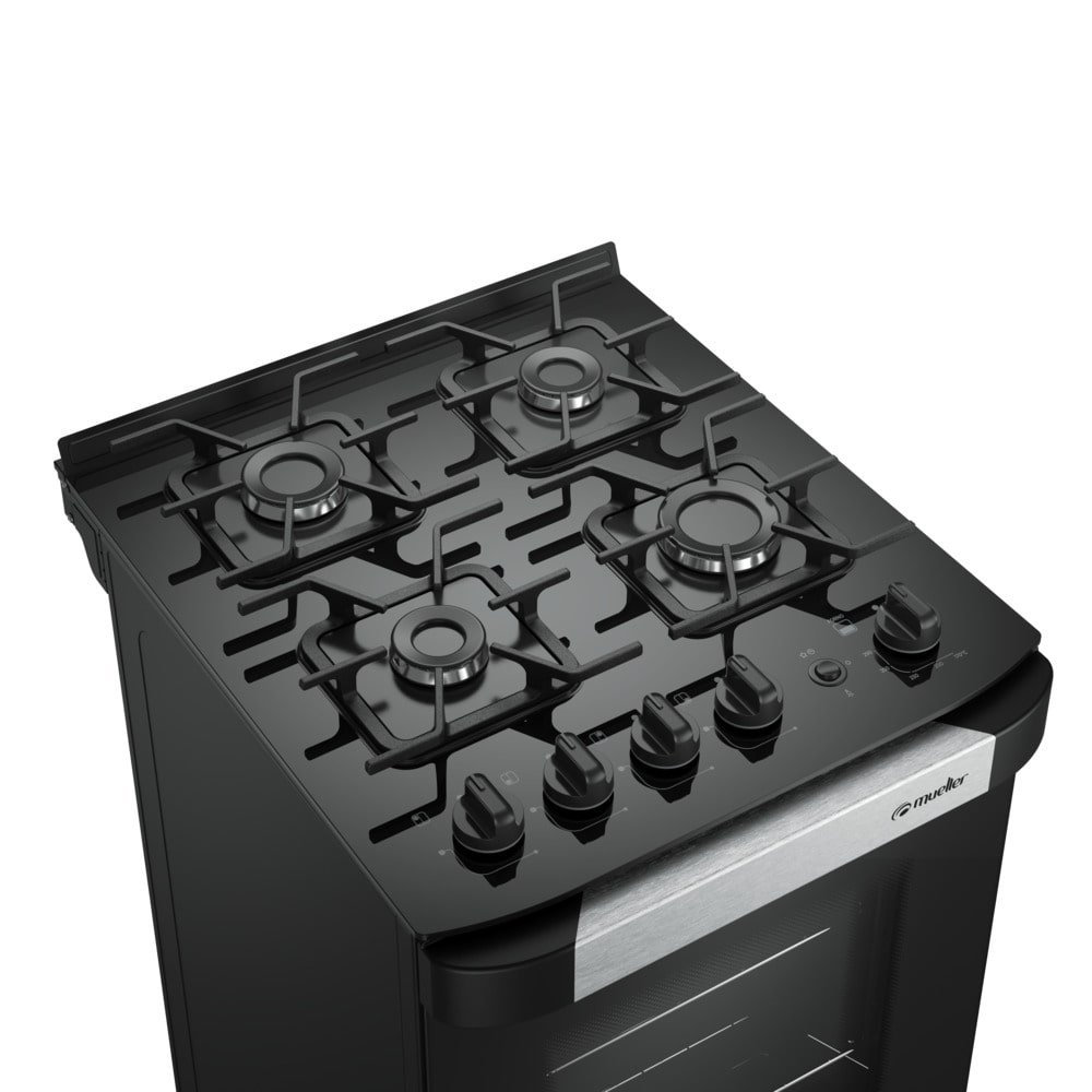 Fogão de Piso Mueller 4 Bocas Decorato Vetro - Mesa de Vidro, Acendimento Automático, Preto Fosco, Bivolt