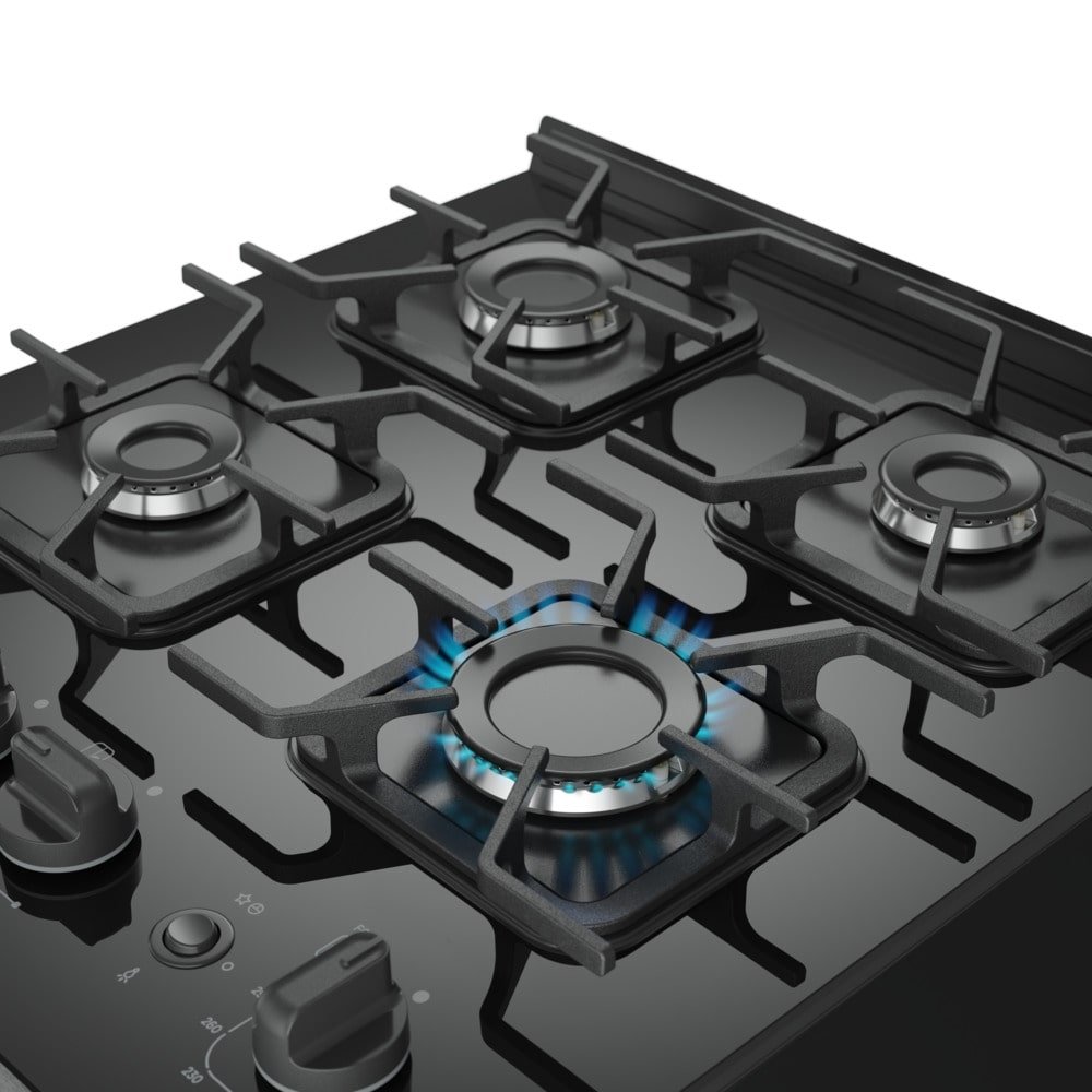 Fogão de Piso Mueller 4 Bocas Decorato Vetro - Mesa de Vidro, Acendimento Automático, Preto Fosco, Bivolt
