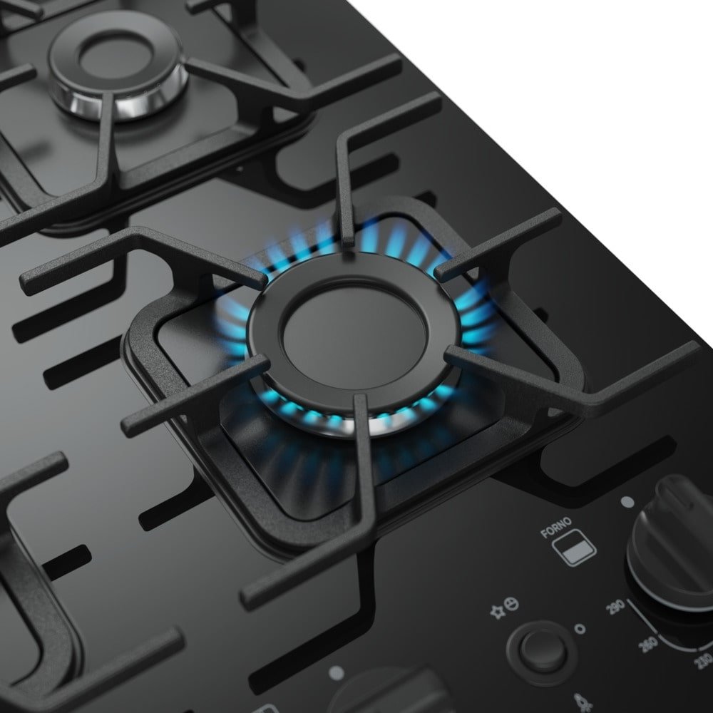 Fogão de Piso Mueller 4 Bocas Decorato Vetro - Mesa de Vidro, Acendimento Automático, Preto Fosco, Bivolt