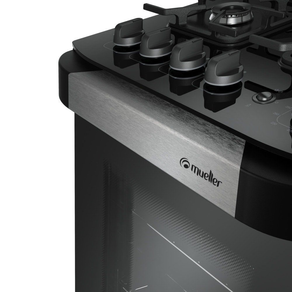 Fogão de Piso Mueller 4 Bocas Decorato Vetro - Mesa de Vidro, Acendimento Automático, Preto Fosco, Bivolt