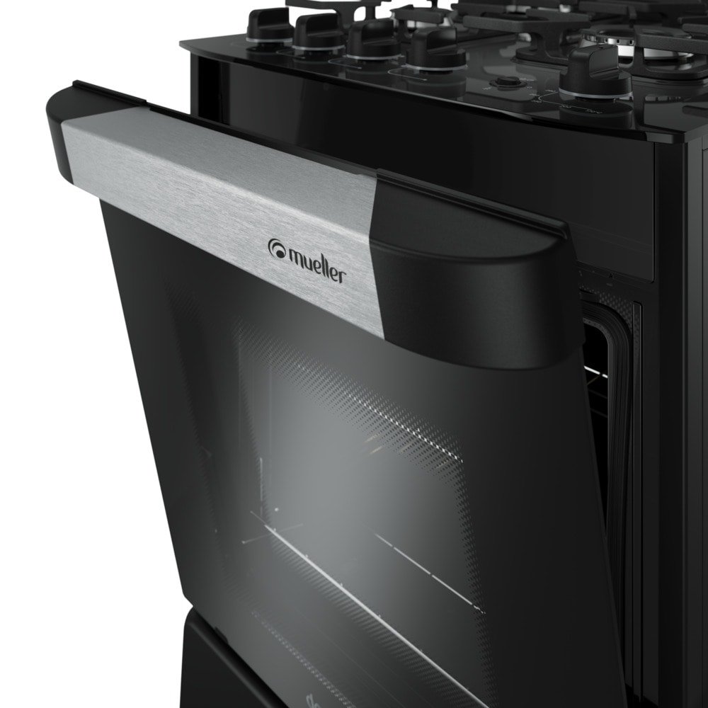 Fogão de Piso Mueller 4 Bocas Decorato Vetro - Mesa de Vidro, Acendimento Automático, Preto Fosco, Bivolt