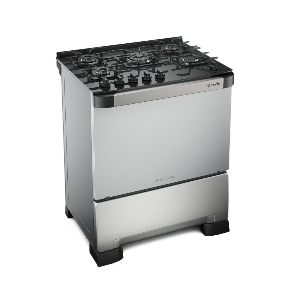 Fogão de Piso Mueller 5 Bocas Decorato Vetro, Mesa de Vidro, Acendimento Automático, Inox, Bivolt