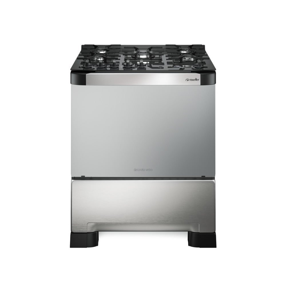 Fogão de Piso Mueller 5 Bocas Decorato Vetro, Mesa de Vidro, Acendimento Automático, Timer, Inox, Bivolt